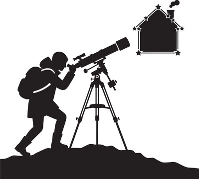 Telescope Silhouette with Stargazing Illustration and House Outline on Hilltop Featuring Astronomy, Stars, Night with Sky