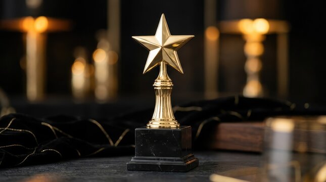 Golden Star Trophy on Display: A prestigious golden star trophy stands as a symbol of achievement and recognition, set against a dimly lit, elegant backdrop.