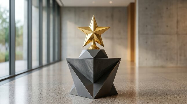 Golden Star Award Trophy on Pedestal: A gleaming golden star award trophy sits prominently on a modern, geometric pedestal, set against a backdrop of a contemporary building with large windows.
