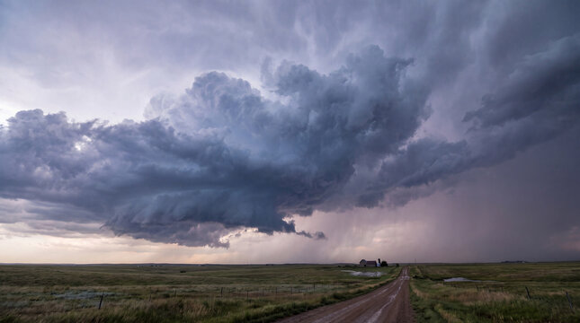 Powerful supercell thunderstorm cloud formation over a vast rural landscape with a dirt road and distant farmhouse.