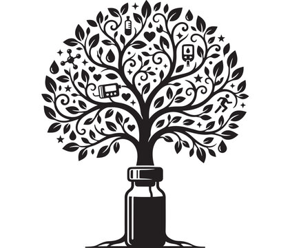 Medicine Bottle Growing Tree with Health Icons and Symbols Representing Wellness and Natural Remedies