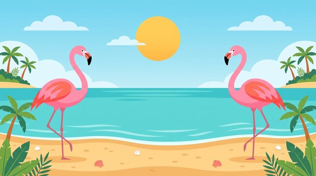 Colorful summer vacation banner with flamingos on the beach. Hand drawn illustration