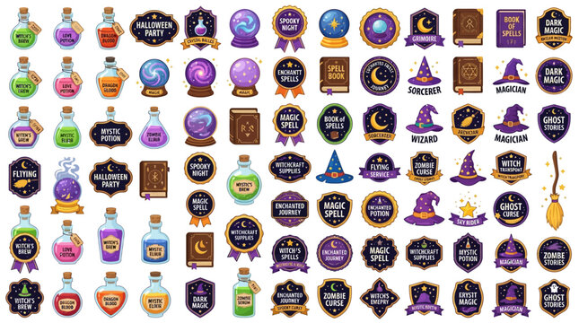 Witchcraft potion icons, wizard symbols, magic badge set, crystal ball graphic video