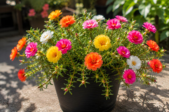 Multicolor portulaca grandiflora moss rose flowers blooming in black plastic pot