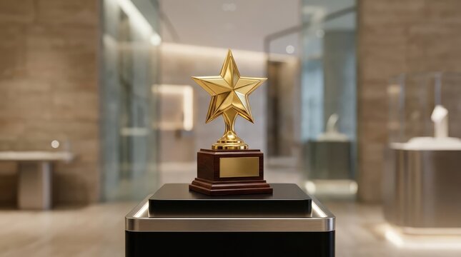 Golden Star Trophy on Display: A prestigious golden star trophy, symbolizing achievement and recognition, is elegantly showcased on a pedestal in a modern, well-lit interior.