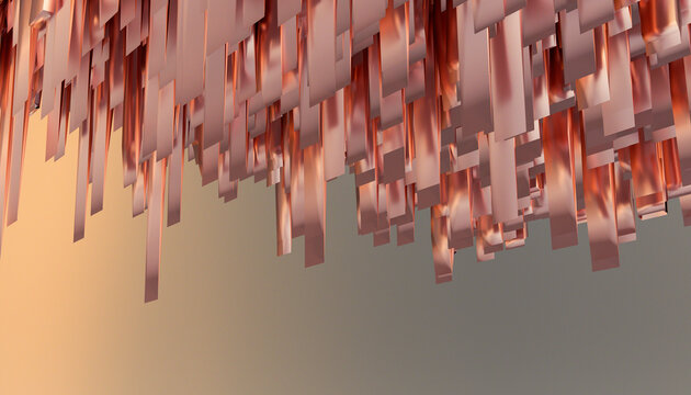 Abstract hanging metallic strips with copper reflections and gradient