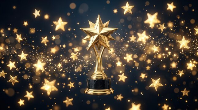 Golden Star Award Trophy with Glittering Bokeh Background: A shining golden star trophy stands proudly on a dark blue background.