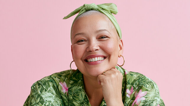 Bald woman smiling expressing joy and positivity