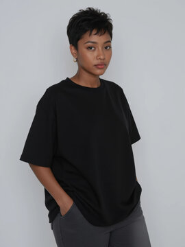 Black shirt short hair woman portrait gray background casual style neutral expression studio pose, hand in pocket with simple fashion
