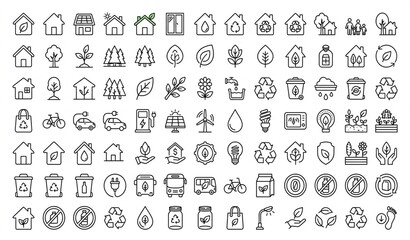 Eco Lifestyle House Tree Sustainable Living Outline Vector Icon Set © MdParvez