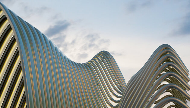 Curved metal tubes stacked in an abstract industrial pattern