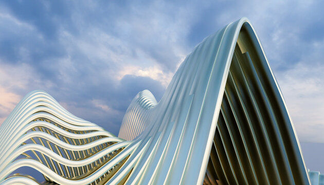 Silver metallic abstract sculpture with curved wave shapes