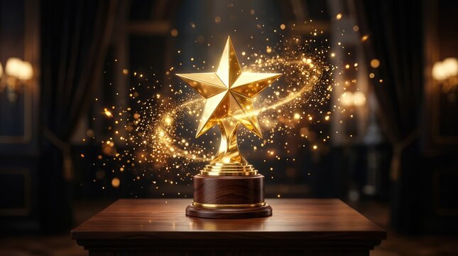 Golden Star Trophy: A magnificent golden star trophy sits majestically on a polished wooden table, surrounded by swirling golden sparkles and soft ambient light.