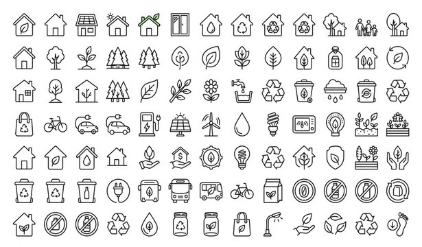 Eco Lifestyle House Tree Sustainable Living Outline Vector Icon Set