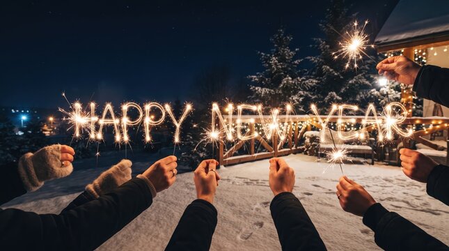 multiple hands holding glowing sparklers spelling happy new year outdoors at night beside snowy cabin with festive lights