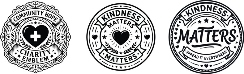 Fototapeta premium Set of three circular vintage style emblems featuring heart shapes and inspirational text about kindness and caring for others isolated on a white background