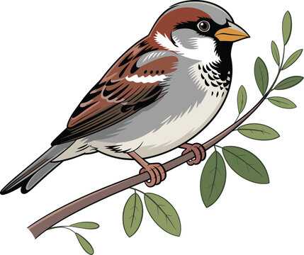 Beautiful bird with branch vector on white background.