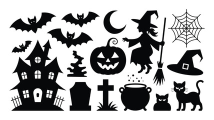 Fototapeta premium Halloween Silhouette Icon Collection Featuring Bats, Haunted House, Witch, Pumpkin, Spider Web, Graveyard, Cauldron and Black Cat for Spooky Seasonal Designs