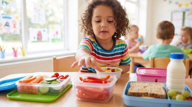 A young girl chooses fresh fruit from her sustainable lunchbox, promoting healthy eating habits and child wellness in a nurturing school environment.