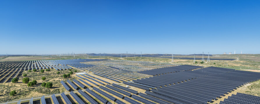 Aerial View of Vast Desert Solar Power Station in Energy and Chemical Industry Base