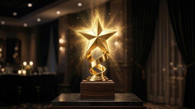 Golden Star Award Trophy: An illuminated golden star trophy, adorned with a swirling ribbon and sparkling particles, sits proudly on a wooden pedestal in a dimly lit, elegant hall.