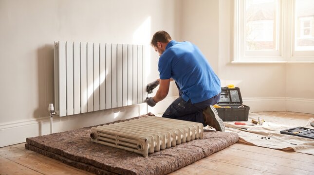 A skilled professional installs a modern, energy-efficient radiator, replacing an older model. This home heating system upgrade enhances property value and comfort.