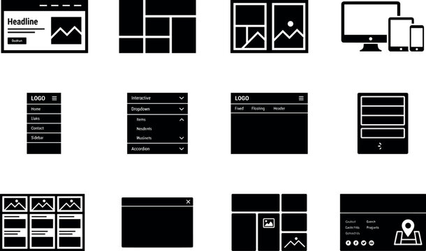 Website Layout Architecture and Web UI UX Component Wireframe Icon Set for Front End Development Interface Prototyping vector design