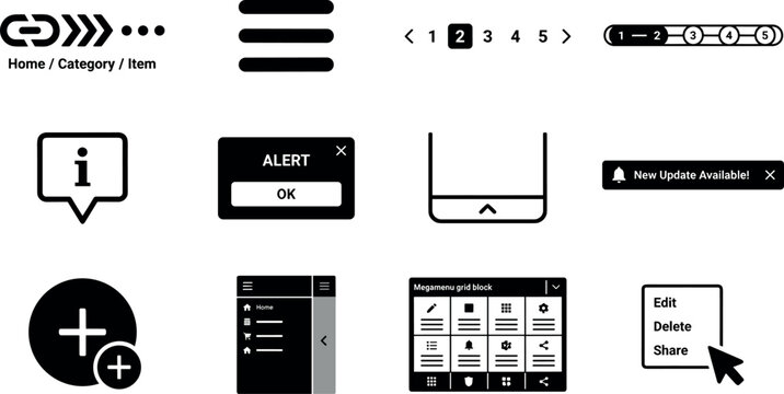 Website Navigation Components and Web UI UX Navigation Layout Elements Icon Set for Application Front End Prototyping Systems vector design