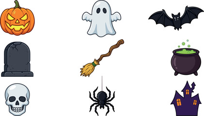 Fototapeta premium Halloween Spooky Cartoon Icon Set with Jack O Lantern Pumpkin Ghost Bat Tombstone Skull Witch Broom Cauldron Spider and Haunted House Vector Elements