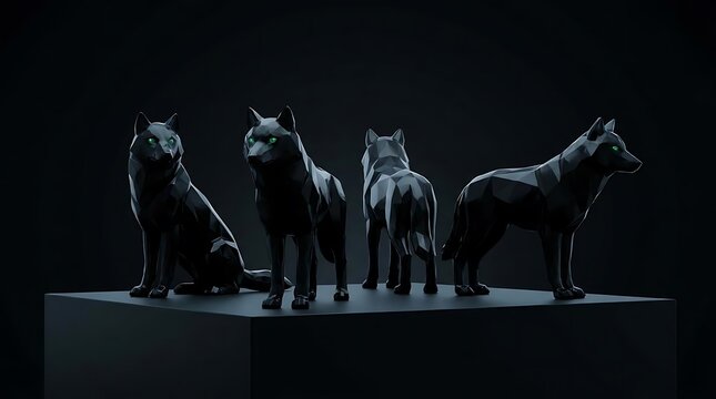 Dark low poly 3D models of black wolves.