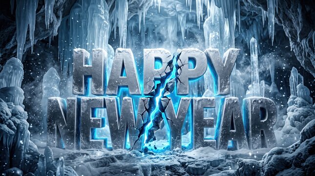 happy new year ice lettering glowing with blue light inside frozen cave with icicles and snow