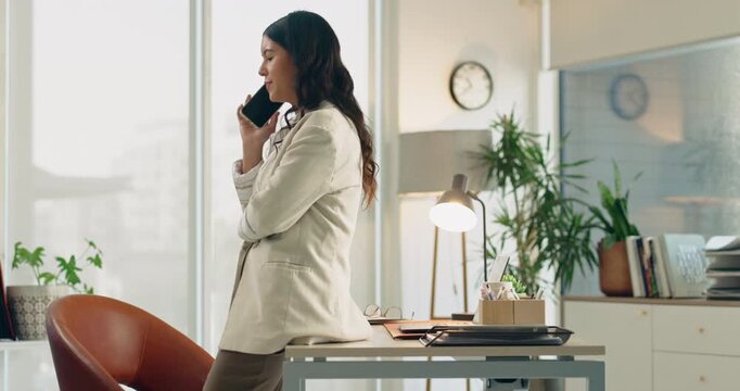 Business, contact or woman in agency with phone call, funding request or online chat on portfolio. Networking, talking or finance advisor with tech, investment inquiry or feedback on client account