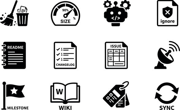 Software Repository Management and Code Maintenance Icon Set for Project Development Platforms Documentation Websites Layout Vector Design