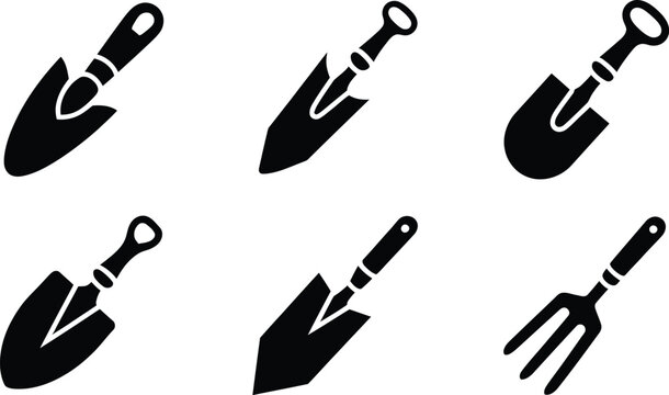 Black Silhouette Garden Trowel Fork Hand Tool Vector Icon Collection