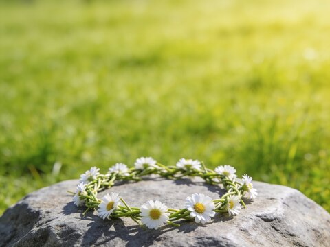 Close up of a delicate woven daisy flower chain resting on a grey meadow rock copy space