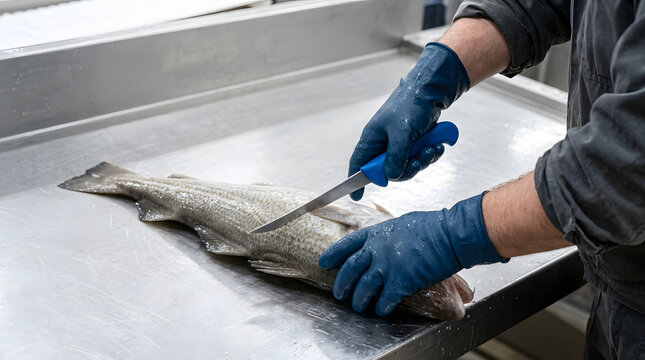 Fish Factory Worker Filleting Fresh Fish with Knife on Stainless Steel Table