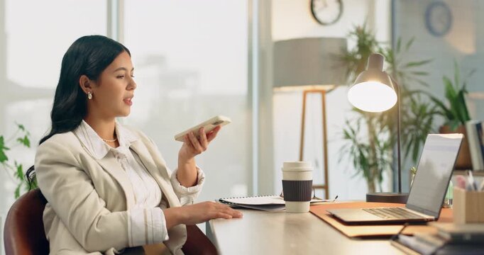 Phone call, speaker or woman in office with laptop, funding request or online chat on portfolio. Contact, review or finance advisor with tech, investment inquiry or client feedback on asset status