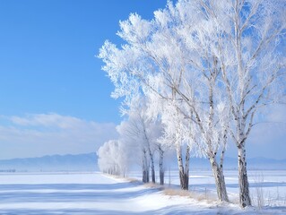 Fototapeta premium 雪原にたたずむ霧氷の並木道と澄み渡る青空の美しい冬絶景