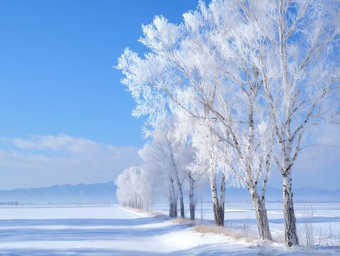 雪原にたたずむ霧氷の並木道と澄み渡る青空の美しい冬絶景