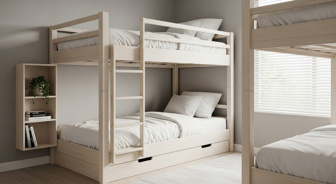 Minimalist wooden bunk bed equipped with storage drawers at the bottom and hanging bedside table.