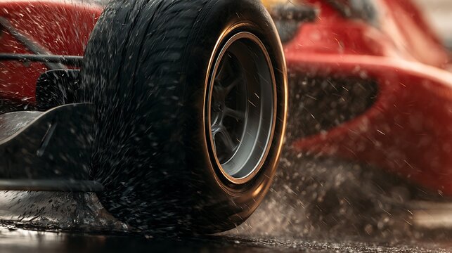 Close up of a red sports car wheel splashing through a puddle on a wet race track.