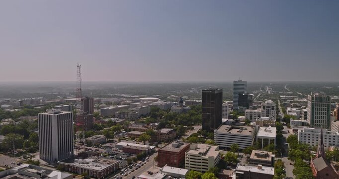 Columbia South Carolina Aerial v25 flyover across downtown cityscape toward the South Carolina State House and skyline - Shot with Inspire 3 8k - Oct 3rd 2023
