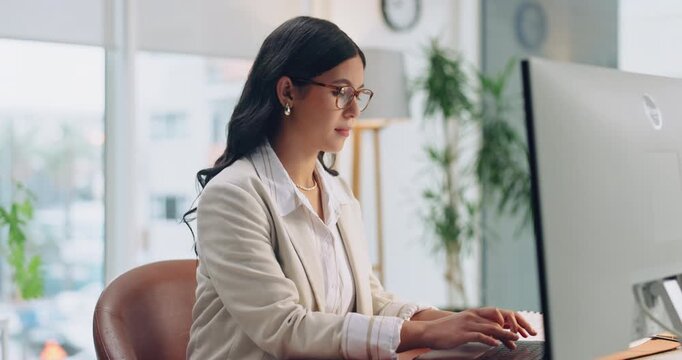Woman, typing and monitor in office with laptop, HR admin and reading timesheet for payroll report. Person, human resources manager and review employee hours in company with computer, taxes or salary