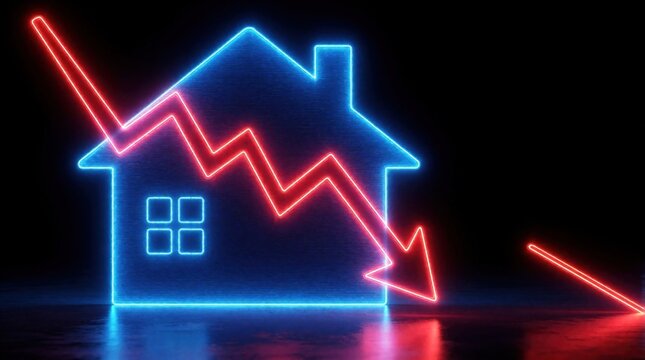 Neon house silhouette with a red downward arrow graphic signifies falling real estate market prices. Global economic decline, investment loss concept art.