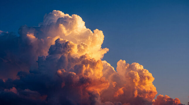 Dramatic, towering cumulus clouds brilliantly illuminated by golden sunlight against a deep blue sky.