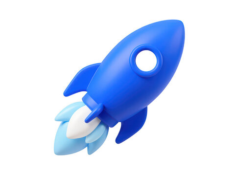 Blue 3D rocket icon isolated on white background for business startup and growth concepts