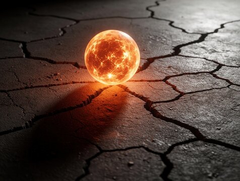 Glowing orb sits on cracked dry ground. Ball of bright fire emits light and heat illuminating fractured earth surface. Hope or destruction concept.