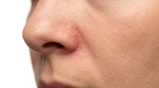 Close-up of woman nose with mild redness and visible spider veins