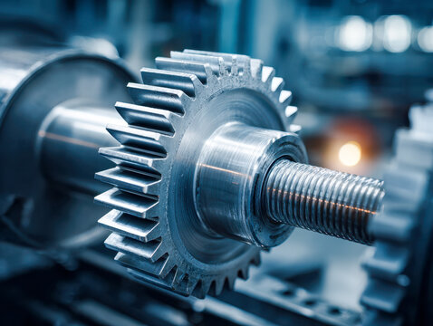 High precision metal gear and shaft assembly in industrial machinery showcasing detailed engineering and mechanical components in a manufacturing environment