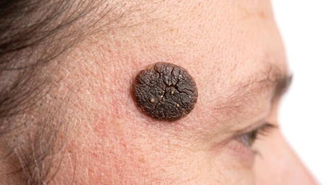 Close-up profile of forehead showing dark raised seborrheic keratosis